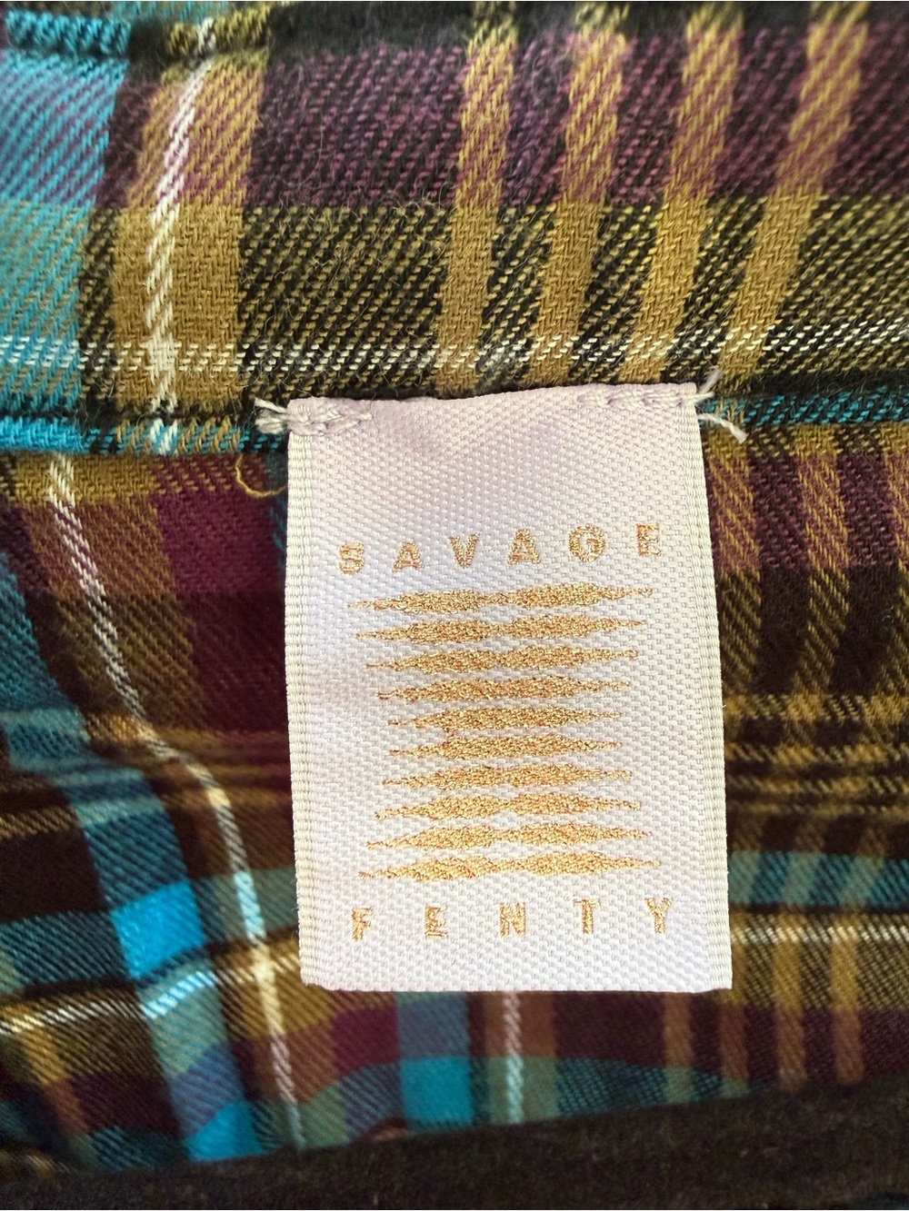 Savage X Fenty Brown and Blue Plaid Lace-Up Sleeve Button-Down Shirt - Picture 3 of 4